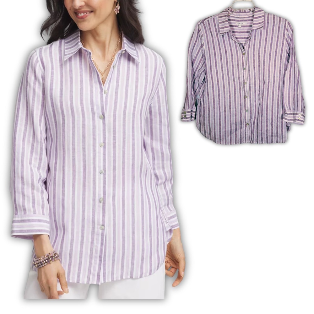Chicos 100% Linen Striped Button Down Shirt Size 14 Purple White Long Sleeve‎